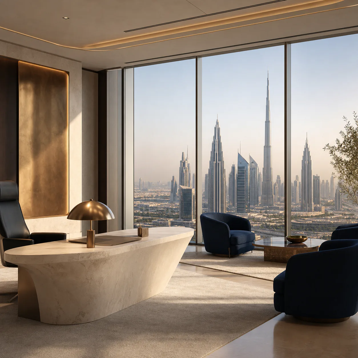 Contemporary Dubai investment office overlooking the city skyline